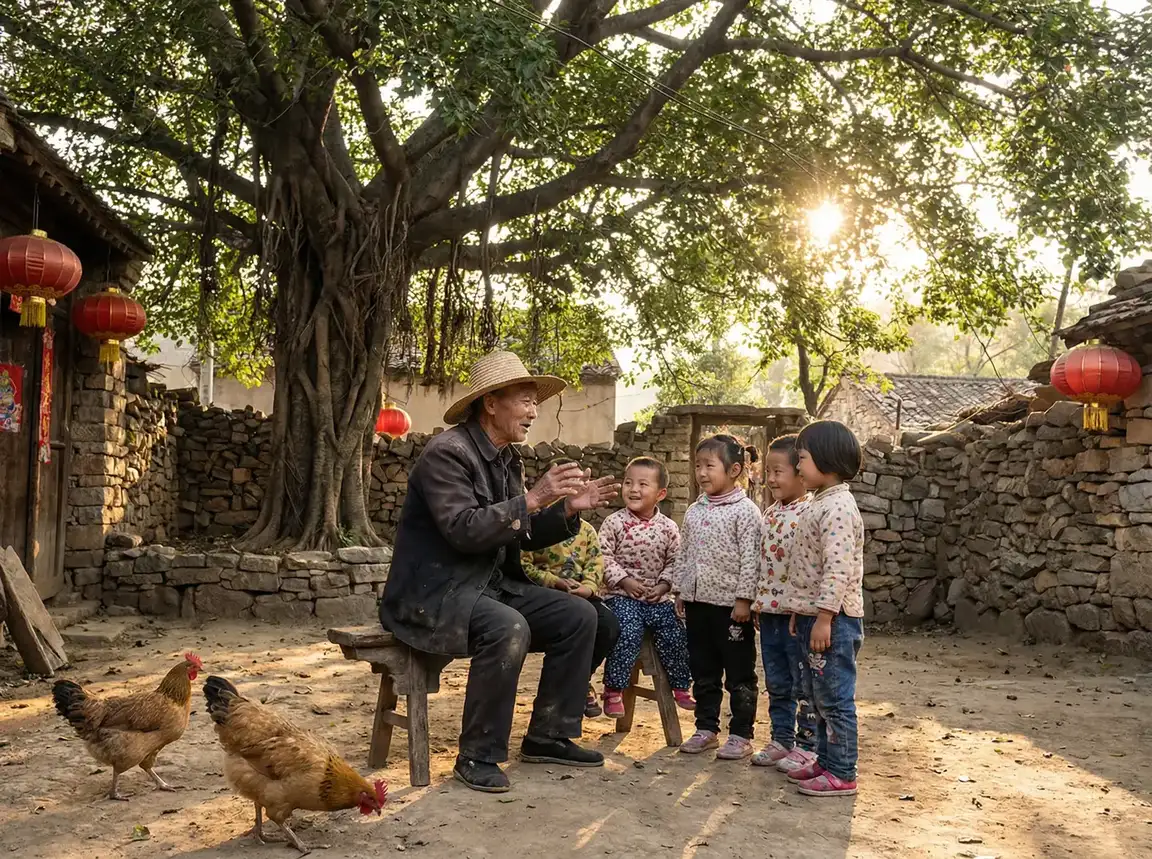 老人在大榕树下给孩子们讲故事 - 我把语文课代表做哭了网站 乡村记忆
